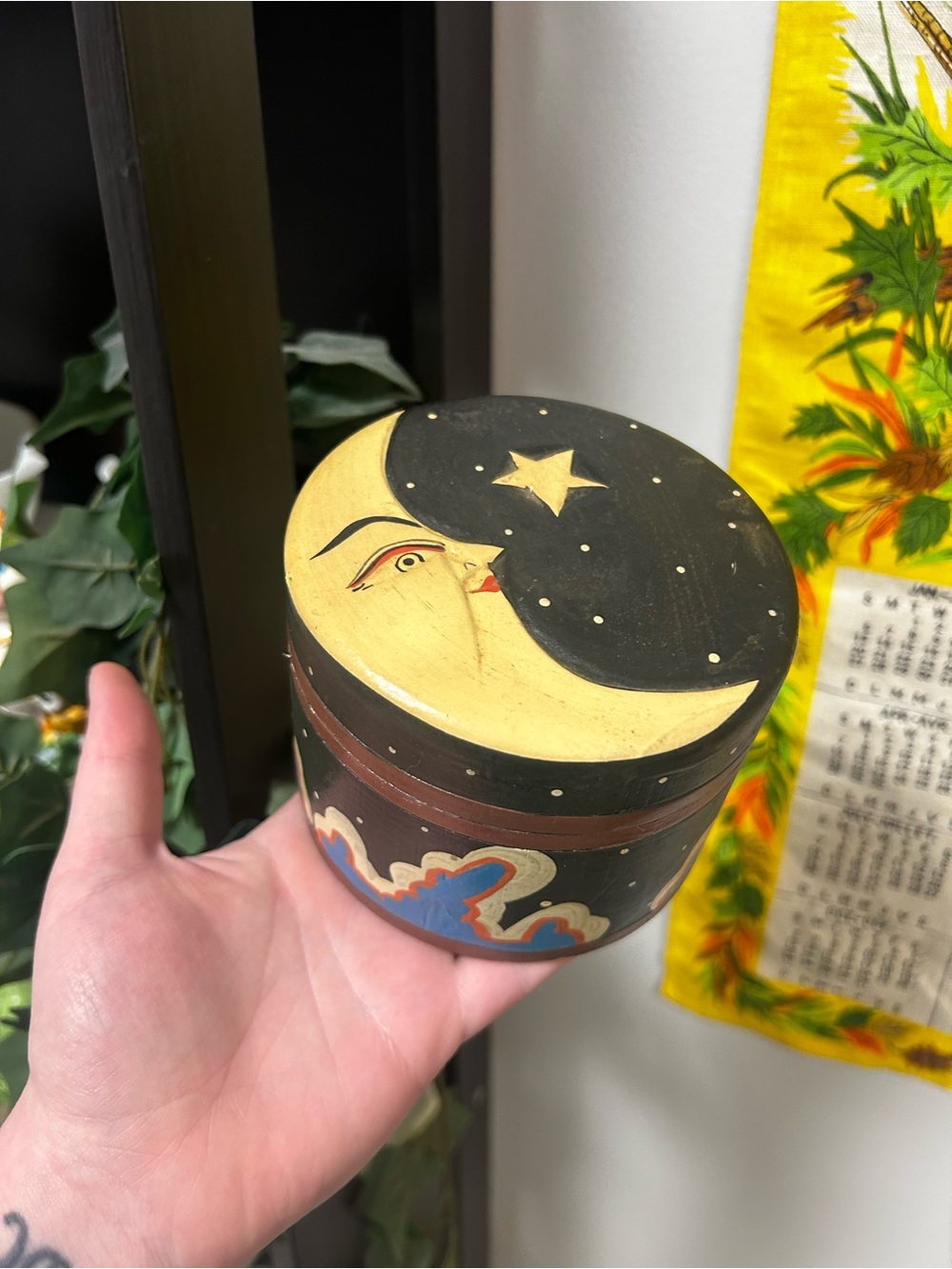 1990s Y2K Celestial Wooden Trinket Box Sun Moon and Stars
